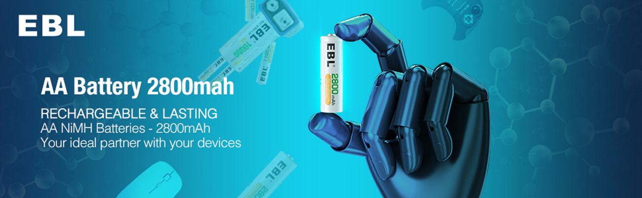 Hero Image: A hand is holding the battery. The text left it says: AA Battery 2800mAh. Rechargeable & Lasting. AA NiMH Batteries - 2800mAh. Your ideal partner with your devices.